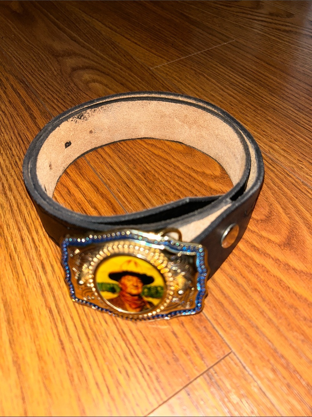 Vintage John Wayne Cowboy Buckle Black Leather Tooled Western Belt Sz 32